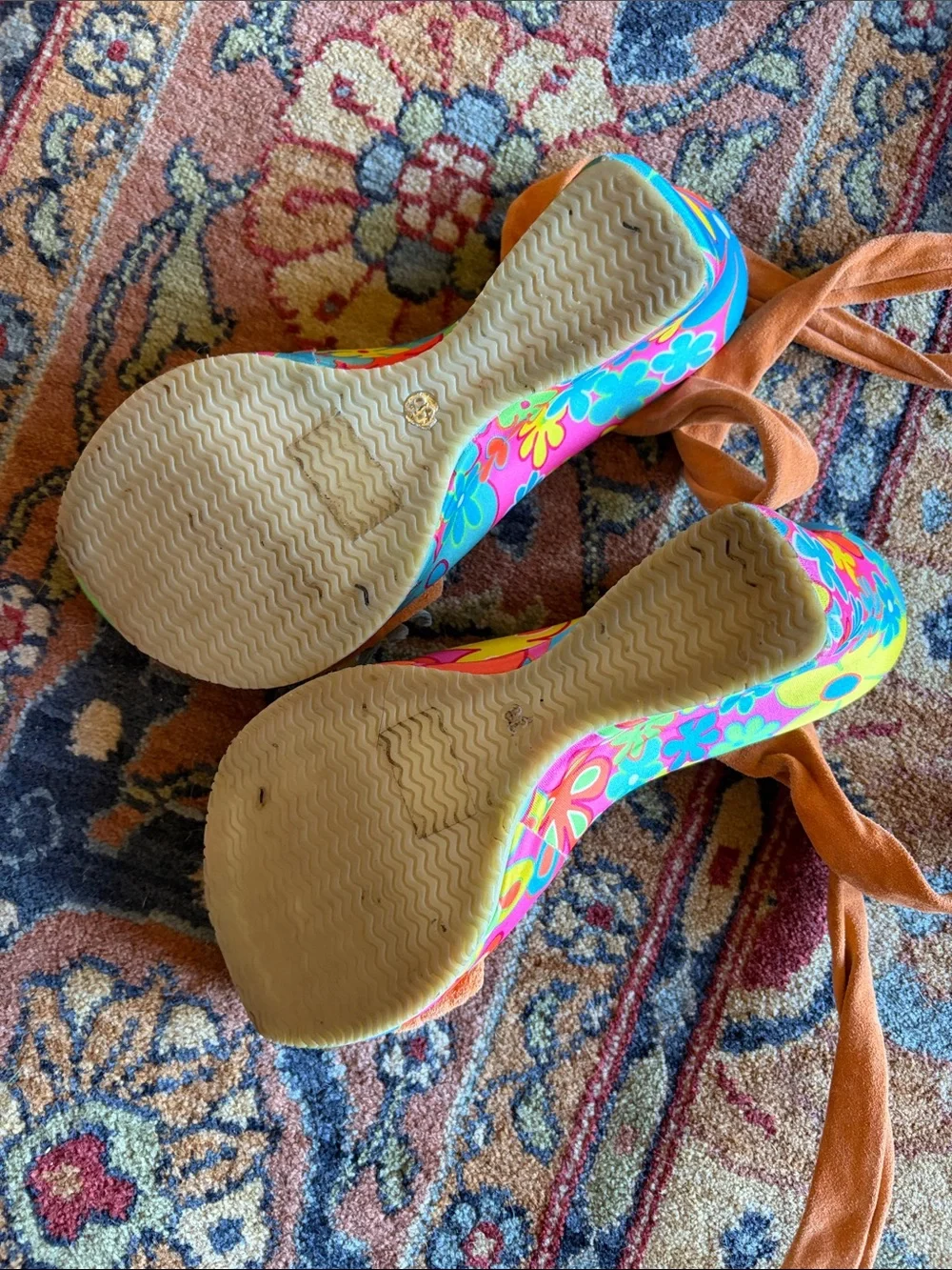 Dollhouse Orange Tie-Wrap Sandals with Multicolor Floral Trim Made in Italy